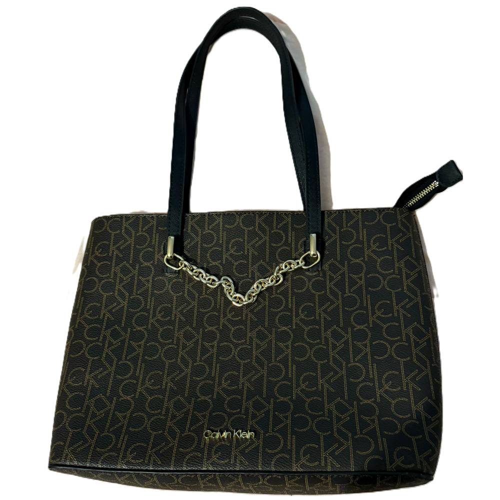 Calvin Klein Purse Tote Bag Black Shoulder Strap Gold Chain Pockets Zip Clos EUC